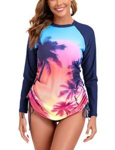 lot 12212 image: Halcurt Womens Long Sleeve Rash Guard Swim Shirt with Tie Drawstring UPF 50 Sun Protection Swimsuit Top California Sunset M