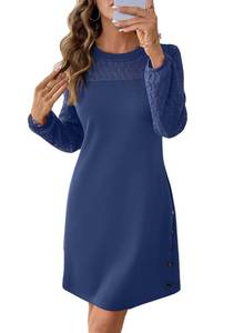 lot 12219 image: Happy Sailed Spring Dresses for Women 2026 Crochet Lace Long Sleeve A Line Shift Mini Dress with Button Pockets Navy Blue Small
