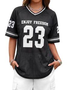 lot 12227 image: SOFIAS CHOICE Women Jersey Shirts V Neck Graphic Oversized Short Sleeve T Shirt Black Small