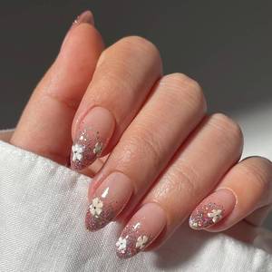 lot 12229 image: 24 Pcs Extra Short Press on Nails Almond Nail Tips,YEFIUO Sequins Acrylic Nail Kit White French Fake Nails Press ons Glue on Nails Full Cover Reusable False Nails with Strong Jelly Glue Tool for Maam