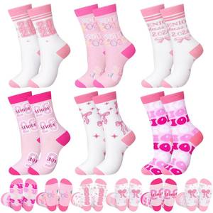 lot 12242 image: Newcotte 6 Pairs Pink Graduation Socks 2026 Senior Pink Bow Graduation Gifts Class of 2026 Socks Cheer Senior Night Gift for Girls Cheer Team Coaches Training Daily Wear Coquette Grad Party Supplies