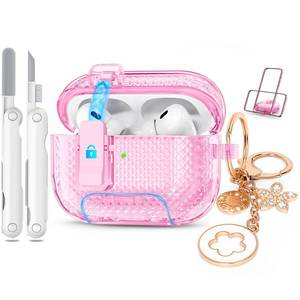 lot 12255 image: for Airpods Pro 2nd1st Generation Case Pink with Lock&Bling Keychain for Women&Girly,Cute Soft TPU Clear Cases Cove for Airpods Pro 2 Case with Cleaning Kit,Phone Holder Function