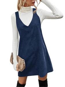 lot 12256 image: Koinshha Womens Corduroy Pinafore Dress Casual Loose Sleeveless V Neck Fall Overall Mini Dresses (Size XXL)