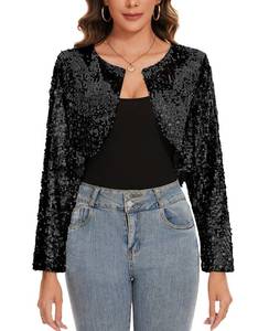 lot 12257 image: MINTLIMIT Womens Long Sleeve Open Front Sequin Cropped Shrug Bolero Cardigan Party Crop Cardigan with Hook and Eye (Black, Size M)