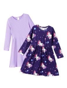 lot 12265 image: PATPAT Toddler Girl 2-Pack Long Sleeve A-line Dress Set Birthday & Magical Moments, Lavender Unicorn, Size 3 Years