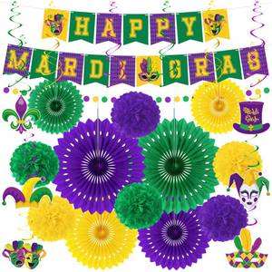 lot 12283 image: Heartome 25PCS Mardi Gras Decorations, Mardi Gras Party Favors Decor Kit with Paper POMPOM, Happy Carnival Paper Fans Banner Felt Garland, Crown Hanging Swirls for Carnival Party Parade Accessories