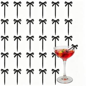lot 14036 image: 30PCS Black Bows Cocktail Picks, 4 Inch Bow Cupcake Topper, Plastic Fruit Picks for Drinks, Desserts, Charcuterie, Christmas, Wedding Party
