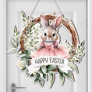 lot 14473 image: Frienda Easter Wreaths for Front Door Wooden Bunny Door Sign Happy Easter Floral Hanging Sign 11.8 Inch Rustic Flower Wreath Home Wall Hanger Decor for Easter Spring Indoor Outdoor Holiday Decorations