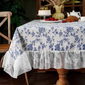 lot 18146 image: Artbloss Cotton Linen Tablecloth Vintage Blue Floral Farmhouse White Lace Washable Table Cloths French Country Decor for Home Holiday Party Picnic (Blue, 52 x 70 Inches)