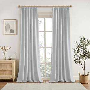 lot 19107 image: KangBang Pinch Pleated Light Grey Blackout Curtains 102 Inches Long, Linen Textured Noise Blocking Curtains for Living Room, Solid Pleat Modern Vertical Drapes with Hooks,42 W x 102 L,2 Panels