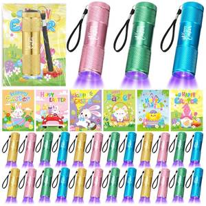 lot 19119 image: Hortsun 24 Pcs Easter Mini Flashlight Party Favors Easter Basket Stuffers Gift Set UV Flashlights Glow in The Dark Egg Hunt Religious Gift, Includes Card and Bag, Not Include Batteries