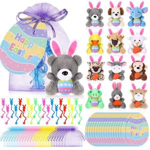 lot 19125 image: Wiwiqing 24 Set Easter Mini Animal Plush Toy Set with Bunny Sticky Hands Egg Cards Mesh Bags Small Stuffed Animal Bulk with Easter Eggs for Party Favors Basket Stuffers Classroom Prize
