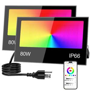 lot 19144 image: Remon LED Flood Light Outdoor 800W Equivalent 8000LM Smart RGB Landscape Lighting with APP Control, DIY Scenes - Timing - Warm White 2700K - Color Changing Uplight, IP66 Waterproof, 43 Modes (2 Pack)