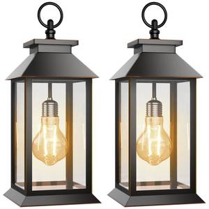 lot 19146 image: AYTPU 2 Pack Solar Lanterns Outdoor, Hanging Glass Solar Lights Waterproof, Dual Power Solar & 2AA Battery, for Porch, Patio, Yard and Indoor Table or Mantel