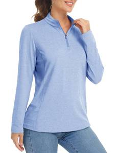 lot 20006 image: MAGCOMSEN UPF 50 Long Sleeve Golf Women Rash Guard Shirts 1 4 Zip Pullover Hiking Athletic Workout Tops Light Blue S
