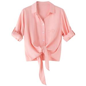 lot 20011 image: Dauocie Womens Tie Front Top 34 Roll Up Sleeve Button Down Shirts Pocket (BLACK, SMALL)