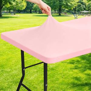 lot 20383 image: Moosfor Spandex 6 Foot Rectangle Table Cloth, Elastic Fitted Tablecloths for Picnic, Stretch Washable Patio Table Cover for Outdoor, Camping, Banquet and Parties (Pink, 30x72)