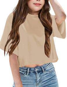 lot 20427 image: Yuccalley Girls Summer Round Neck Short Sleeve Crop Tees Casual Loose Fit Tees (US, Age, 9 Years, Apricot, Large)
