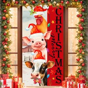 lot 20431 image: Welcome Christmas Door Cover Funny Farm Animal Christmas Door Banner Decorations Vintage Farmhouse Chicken Pig Cow Front Door Banner for Xmas Winter Welcome Holiday Party Supplies