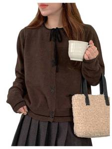 lot 20473 image: GORGLITTER Womens Bow Button Up Fall Short Cardigan Sweater Dressy Trendy Cute Long Sleeve Cable Knit Light Sweater Top Coffee Brown Small