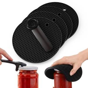lot 20487 image: LemonRoad 5 Pack Jar Opener Tool Include 1 Jar Lid Opener for Weak Hands & 4 Silicone Trivet Mats, Plastic Jars Bottle Lid Openers with Silicone Open Gripper for Senior Kitchen Accessories(Black)