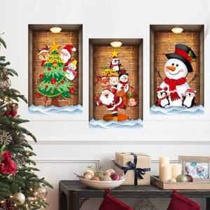 lot 20491 image: 3 Pcs Christmas Wall Decals Christmas Tree Snowman Santa Claus Faux Closet Wall Stickers 3D Realistic Wall Art Mural for Xmas Holiday Festival Party Supplie