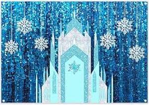 lot 14010 image: 7x5ft Fabric Ice Snow Castle Backdrop Girl Birthday Party Princess Decoration Cake Table Banner Snowflake Curtain (No Glitter No Sequin) Winter Photo Prop