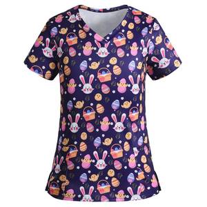 lot 6206 image: Easter Scrub Tops Women Stretchy Vneck Short Sleeve Cute Bunny and Eggs Printed Nurse Working Uniforms with 2 Pockets size small