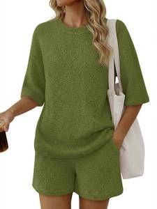 lot 6228 image: Tankaneo Womens 2 Piece Outfits Lounge Sets 34 Sleeve Oversized Tops and Elastic Waist Shorts Pajama Sets Loungewear Army Green size XL