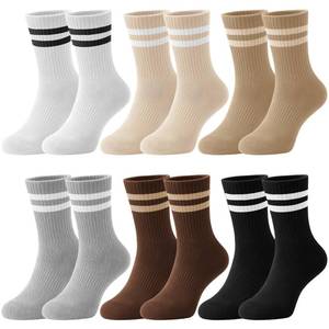 lot 6230 image: Newcotte 6 Pairs Cotton Crew Socks for Womens Striped Casual Crew Socks Brown Neutral Vintage Athletic Sock Size 5-11