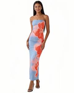 lot 6295 image: RARITYUS Womens Floral Printed Strapless Maxi Dress Sexy Slit Back Tube Top Dress Summer Beach Bodycon Dresses Blue size M