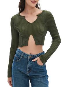 lot 6340 image: TVUHI Womens Ribbed Knit Cropped Sweater Top - Long Sleeve Notch Neck Slim Fit Pullover, Casual Fall Stretchy Shirt(M,Green)