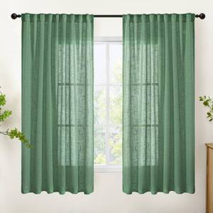 lot 6342 image: YoungsTex Green Linen Semi Sheer Curtains 63 Inch Length - Light Filtering Drapes with Back Tab Rod Pocket Lightweight for Living Room Window, 2 Panels, 52 X 63 Inch