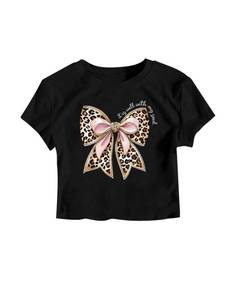 lot 6343 image: RoseSeek Girls Letter Bow Graphic Tees Short Sleeve Crewneck Cute Shirts for Teen Girls Trendy Cheetah Black size 10Y