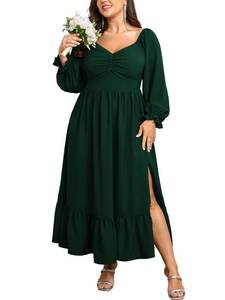 lot 6344 image: SCOMCHIC Womens Plus Size Wedding Guest Cocktail Dress Sweetheart Neckline Long Sleeve Smocked Ruffle Slit Maxi Dresses Emerald Green size 2xl