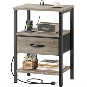 lot 9457 image: SUPERJARE Nightstand with Charging Station, Bed Side Table with Adjustable Fabric Drawer, Night Stand for Bedroom, 3-Tier Storage End Table, for Living Room, Oak