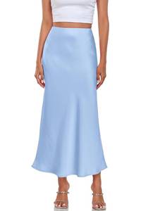lot 10153 image: Womens Silk Satin Maxi Skirt High Waist Elastic A Line Fishtail Elegant Work Elastic Long Skirts Light Blue, XL