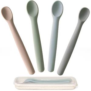 lot 10165 image: Moonkie Silicone Baby Spoons Set of 4, Toddler Spoons for Self Feeding 6 Months, Two Sizes Feeding Spoons for First Stage 4 Months, Infant, Baby Utensils with Case, Bendable, Chewproof & Boil-proof