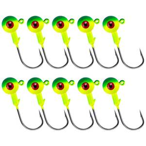 lot 10172 image: Alwonder 10-Pack Round Fishing Jig Heads, Bass Ball Jigs 3D Eyes High Carbon Steel Hooks Bass Lures Jig Heads Freshwater Saltwater Surf Fishing Jigs for Walleye Striper Pompano, Green-38oz
