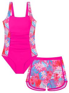lot 10175 image: KOMEIANA Girls Swimsuit One Piece Bathing Suit with Tropical Print Shorts Adjustable Strap Swimwear for Teens Size 1718 Y Pink