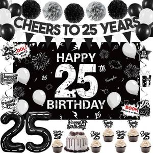 lot 10182 image: Holkcog Black 25th Birthday Decoration Supply, Cheers To 25 Years Banner Background, Black 25 Number Ballons for Party Wall Decorations, 25th Birthday Gift Women Men,Twenty-Five Anniversary Decor
