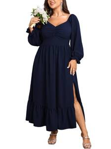 lot 10199 image: SCOMCHIC Womens Plus Size Wedding Guest Cocktail Dress Sweetheart Neckline Long Sleeve Smocked Ruffle Slit Maxi Dresses Navy Blue, 2XL