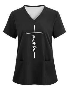lot 10206 image: LOMON Scrub Tops for Women Printed V Neck Scrub Shirts Faith Stretchy Nurse Uniform with 2 Pockets, 3XL
