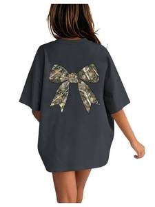 lot 10239 image: RoseSeek Girls Bow Leopard Graphic Tees Short Sleeve Preppy Summer T Shirt Aesthetic Baggy Tops Dark Grey Bow 12Y