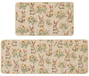 lot 10243 image: Baccessor Easter Bunny Kitchen Mats Set of 2,Easter Cute Rabbits Spring Floral Eggs Kitchen Rugs Non Slip Low-Profile Washable for Floor Farmhouse Home Decor 17x29 and 17x47 Inch