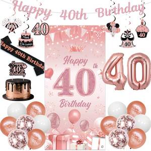 lot 10262 image: Sursurprise Rose Gold 40th Birthday Decorations, Happy 40th Birthday Banner Cake Topper Hanging Swirls Door Cover Sash Balloons for Women 40 Years Old Bday Party Supplies