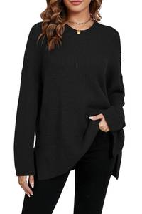 lot 4032 image: Maternity Clothes for Women Plus Size Oversized Sweaters Tunic Long Chunky Knit Batwing Ladies Crewneck Split Hem Sweater for Leggings Black S