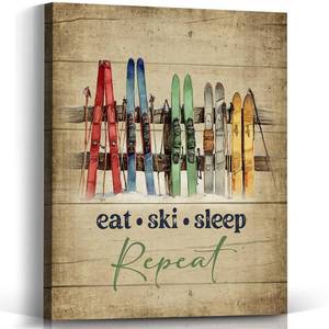 lot 4485 image: Voxitura Vintage Ski Skiing Wall Art Canvas, Retro Eat Ski Sleep Christmas Wall Decor for Skier Cabin Lodge, Rustic Winter Snowboard Paintings Pictures Prints Framed for Bedroom Bathroom 12x15in