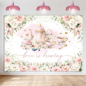 lot 4488 image: Avezano Love is Brewing Backdrop Tea Party Bridal Shower Decorations Love is Brewing Bridal Shower Decorations Photo Background Cake Table Banner (7x5ft)