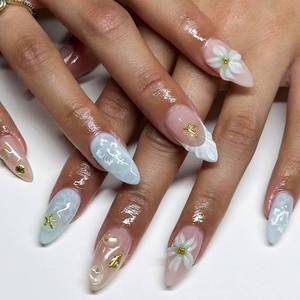 lot 4497 image: Blue Press on Nails Flower Fake Nails with 5D Design Star Ocean Shell Glue on Nails Reusable Glossy Artificial Acrylic Full Cover Stick on Nails Medium Almond False Nails for Women Manicure 24Pcs